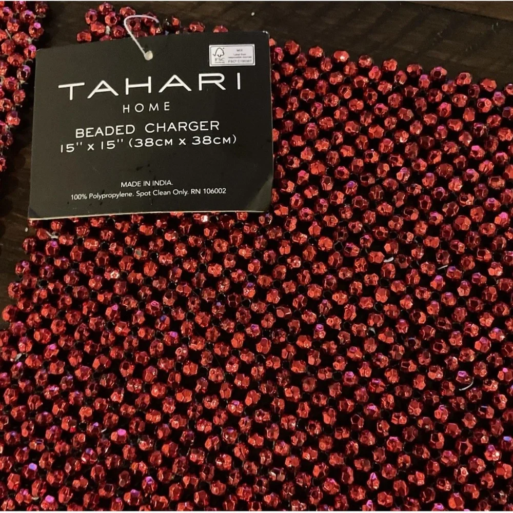2 Tahari Beaded Chargers Placemats 15” Square Shimmer  Sparkle Red Set Of 2